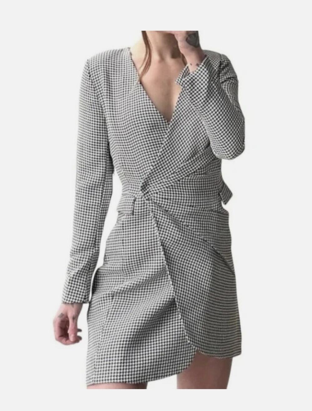 JASON WU Size Medium Houndstooth Draped Wrap Blazer Dress Black White msrp $375